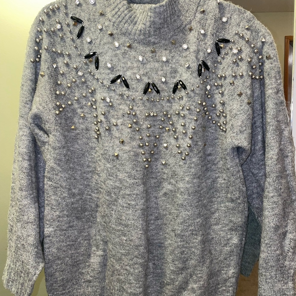 Elegant Gray Sweater with Embellishments